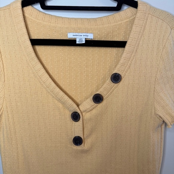 AE Yellow Button V Neck Ruffle Edge Sweater Top Pointelle L - Picture 3 of 9